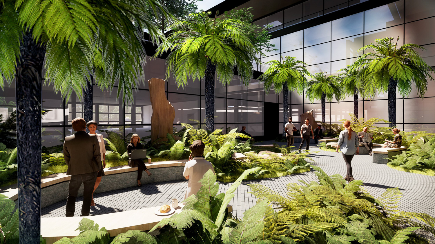 YouTube HQ fern-adorned courtyard, rendering by SHoP Architects and Surfacedesign
