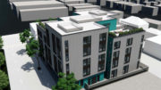 1790 University Avenue aerial view with Downtown Berkeley along the skyline, rendering by Baran Studio Architecture
