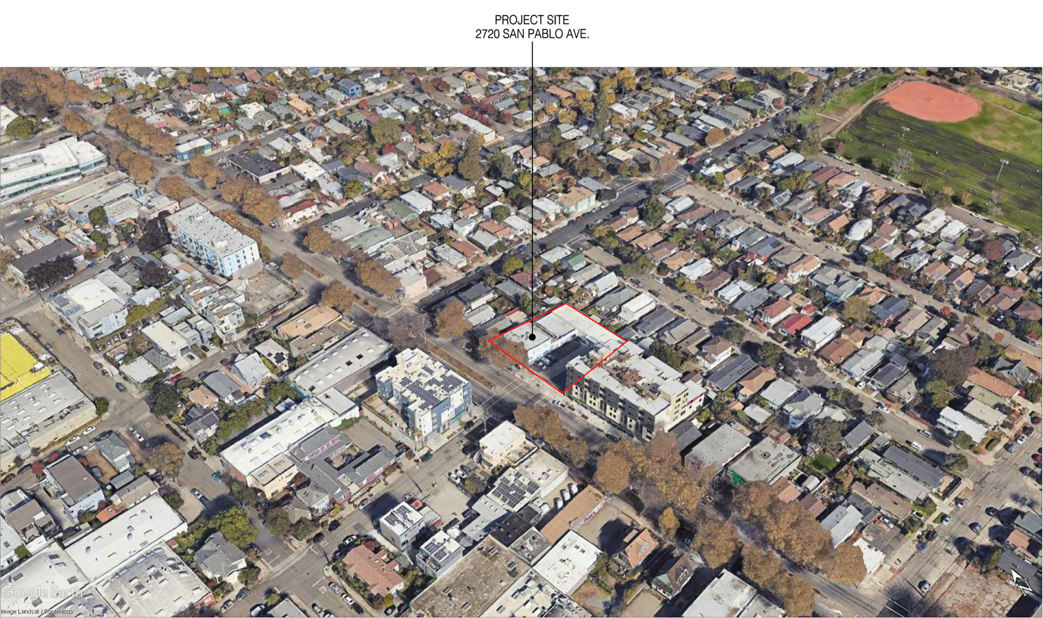 2733 San Pablo Avenue site outlined, image courtesy Trachtenberg Architects