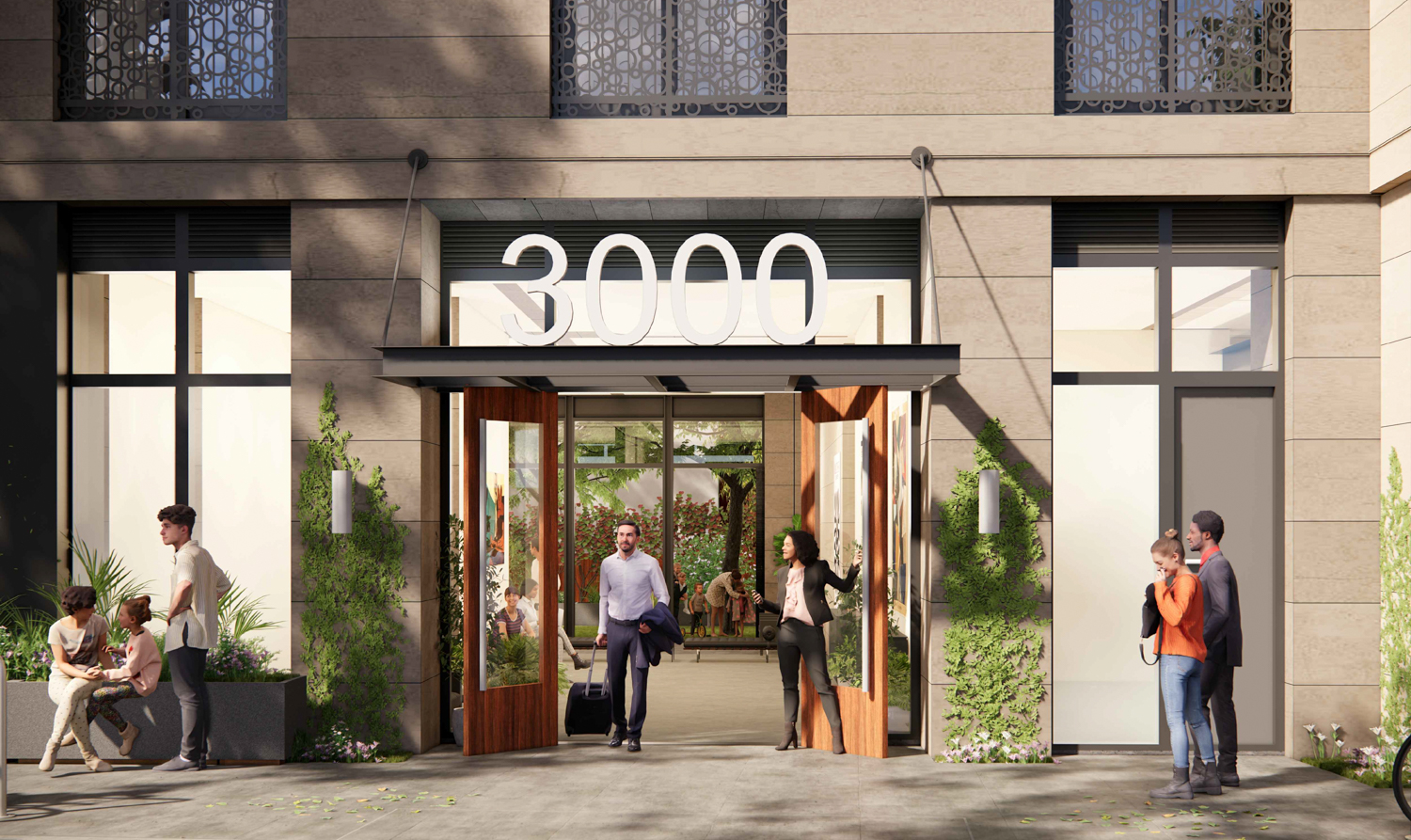 3000 Shattuck Avenue residential entry space, rendering by Trachtenberg Architects