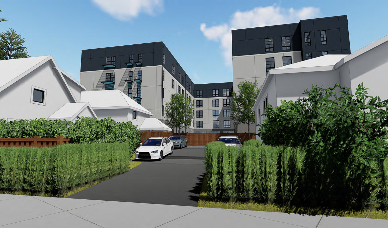 3030 Telegraph Avenue as seen from adjacent housing, rendering by Left Coast Architecture