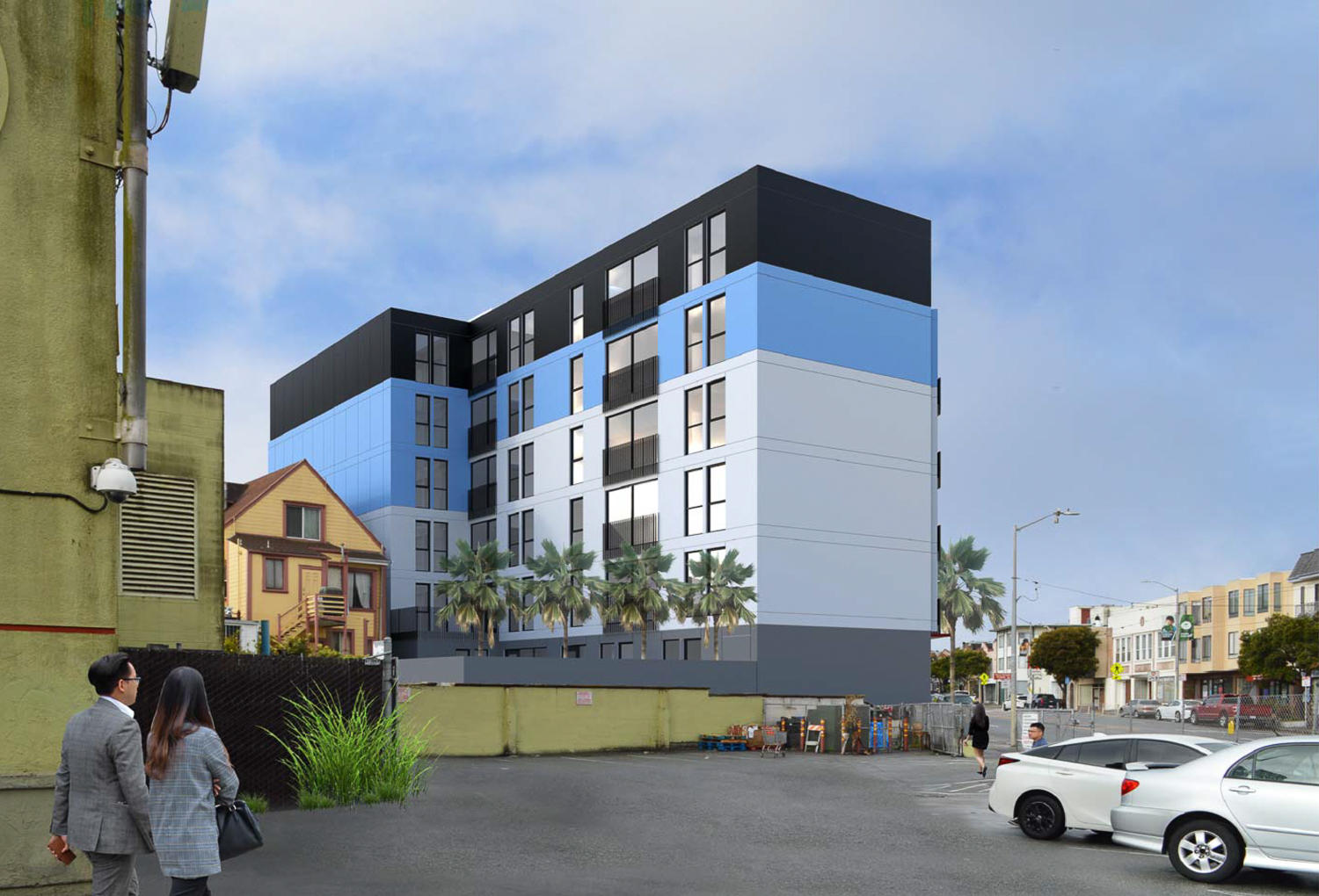 4199 Mission Street as seen from the local grocery store parking lot, rendering by Gary Gee Architects