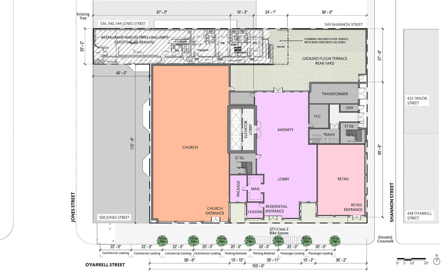 450 O'Farrell Street ground-level floor plan, rendering by Gensler