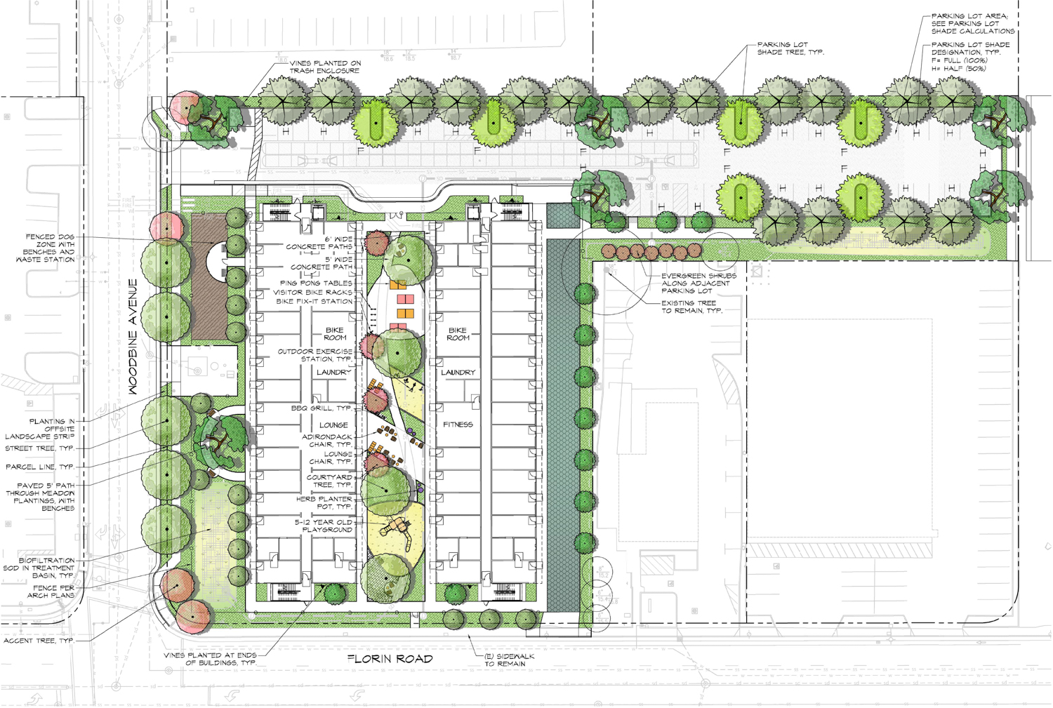 7141 Woodbine Avenue landscaping map, illustration by Yamasaki Landscape Architecture