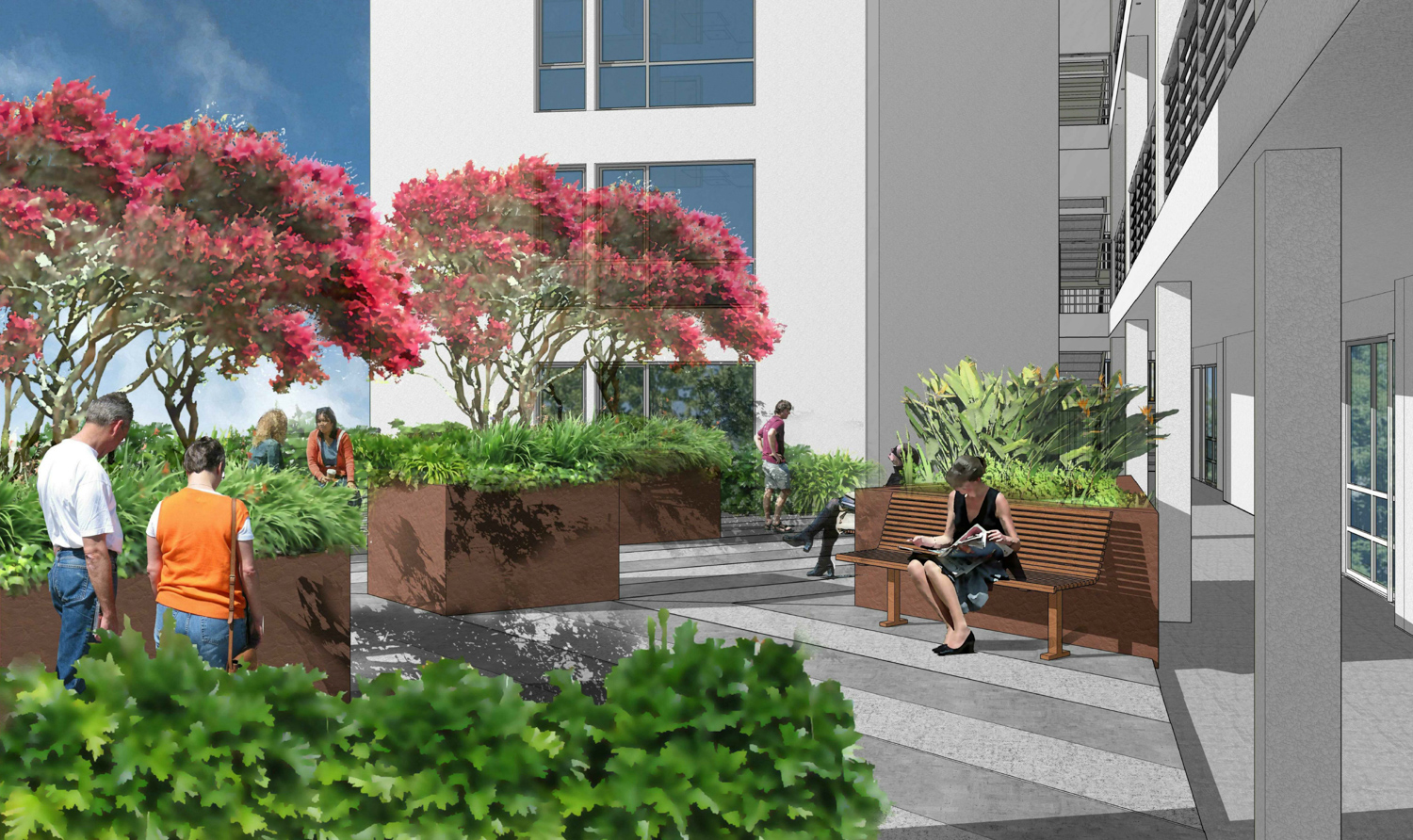 7954 MacArthur Boulevard resident courtyard, rendering by Kodama Diseno Architects