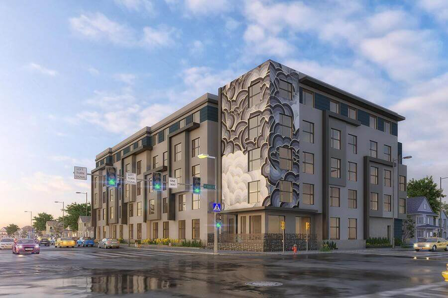 820 West MacArthur Boulevard corner view with new design, rendering by Levy Design Partners via Riaz Capital