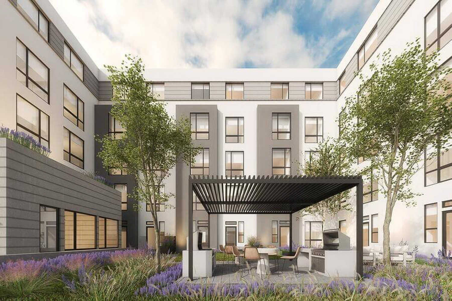 820 West MacArthur Boulevard residential courtyard, rendering by Levy Design Partners via Riaz Capital