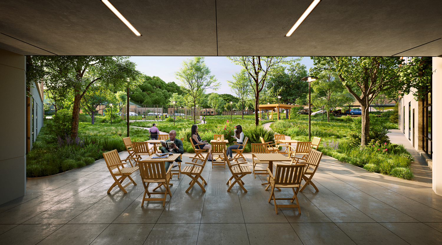 Cordilleras Health Center breezeway, rendering by CannonDesign