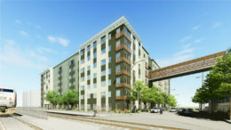 Kiku Crossing as seen from the Caltrain tracks, rendering by BAR Architects