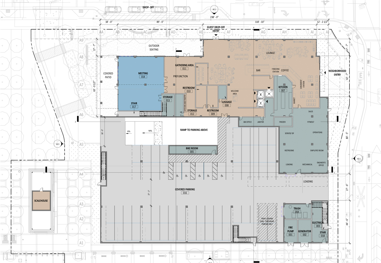 Township Nine Hotel ground-level floor plan, illustration by Lowney Architecture
