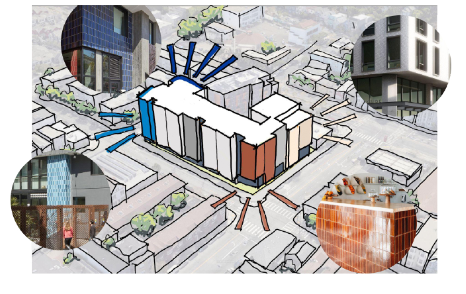 1515 South Van Ness Avenue aerial view with facade treatment, drawing by David Baker Architects and YA Studio