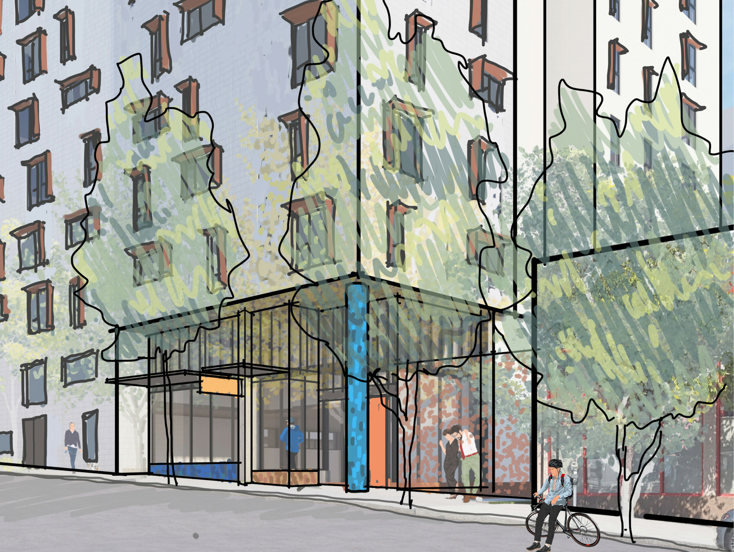 1515 South Van Ness Avenue commercial space along 26th, rendering by David Baker Architects and YA Studio