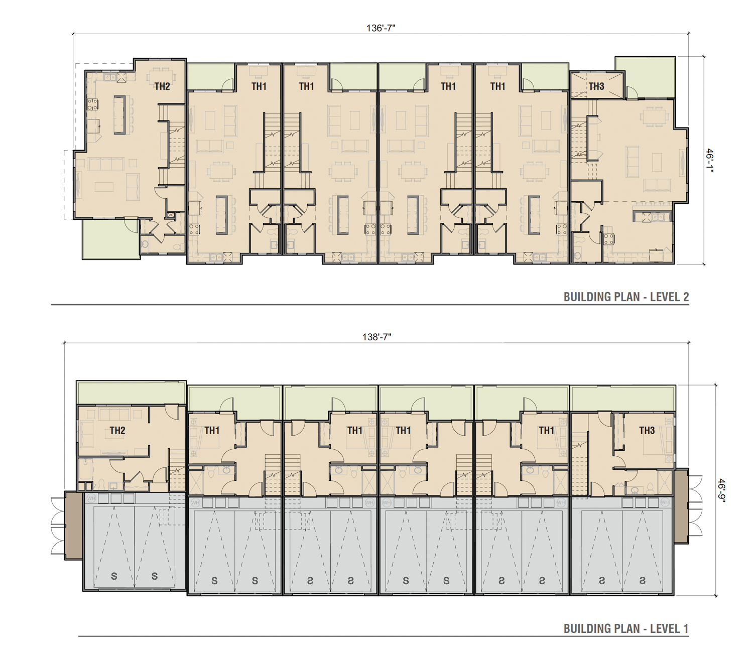 1801 21st Street townhomes floor plans for levels one and two, illustration by TCA Architects