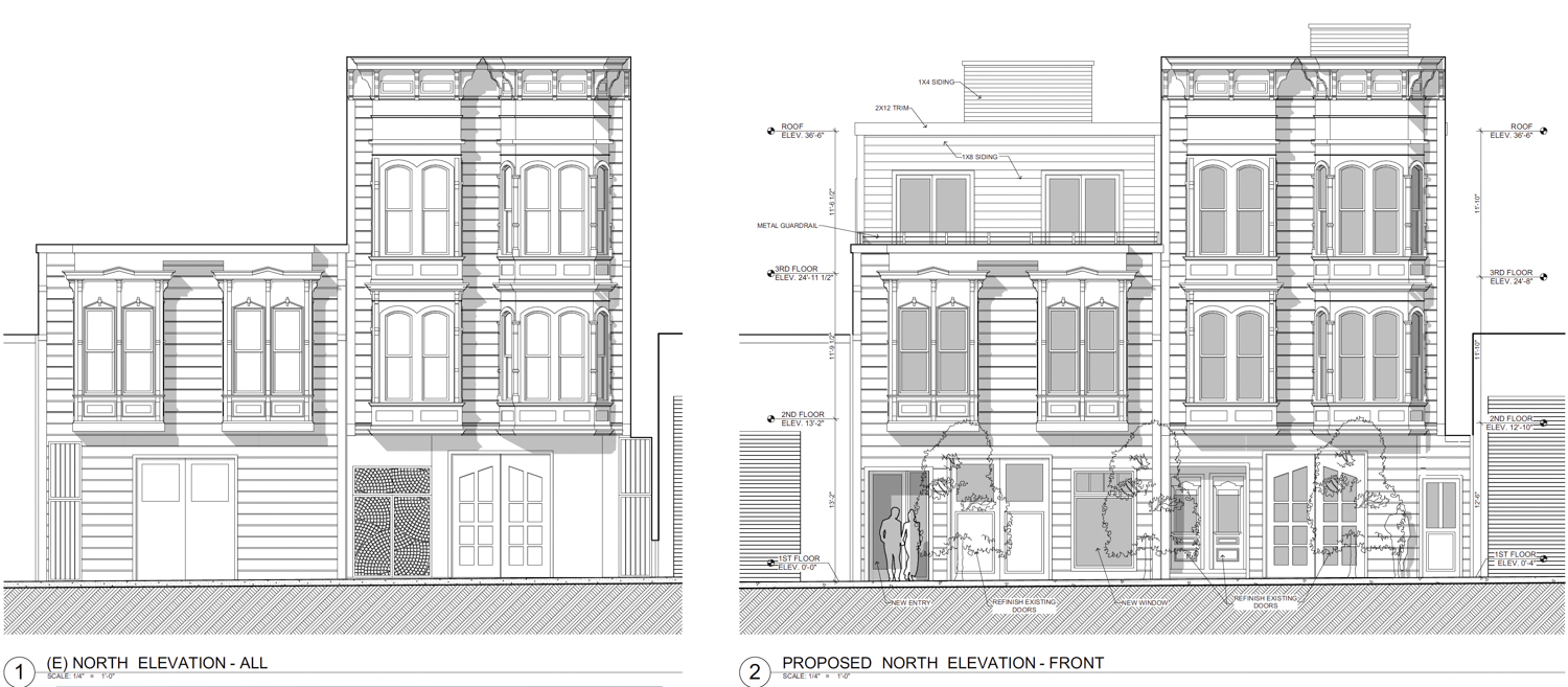 3065 23rd Street before-and-after facade elevations, illustration by Kotas Pantaleoni Architects
