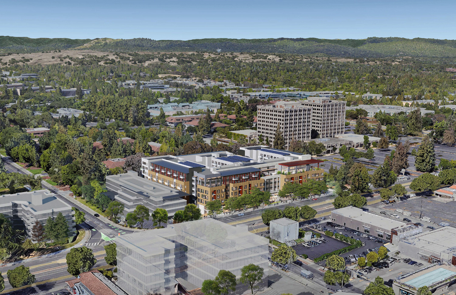 3150 El Camino Real aerial view, rendering by Studio T Square
