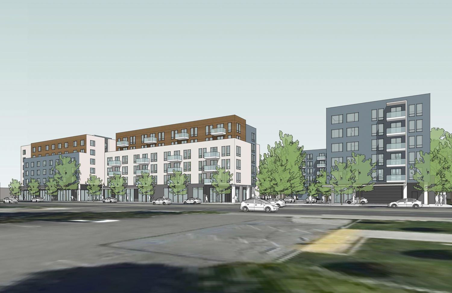 3400 El Camino Real seen from across the main thoroughfare, rendering by Lowney Architecture
