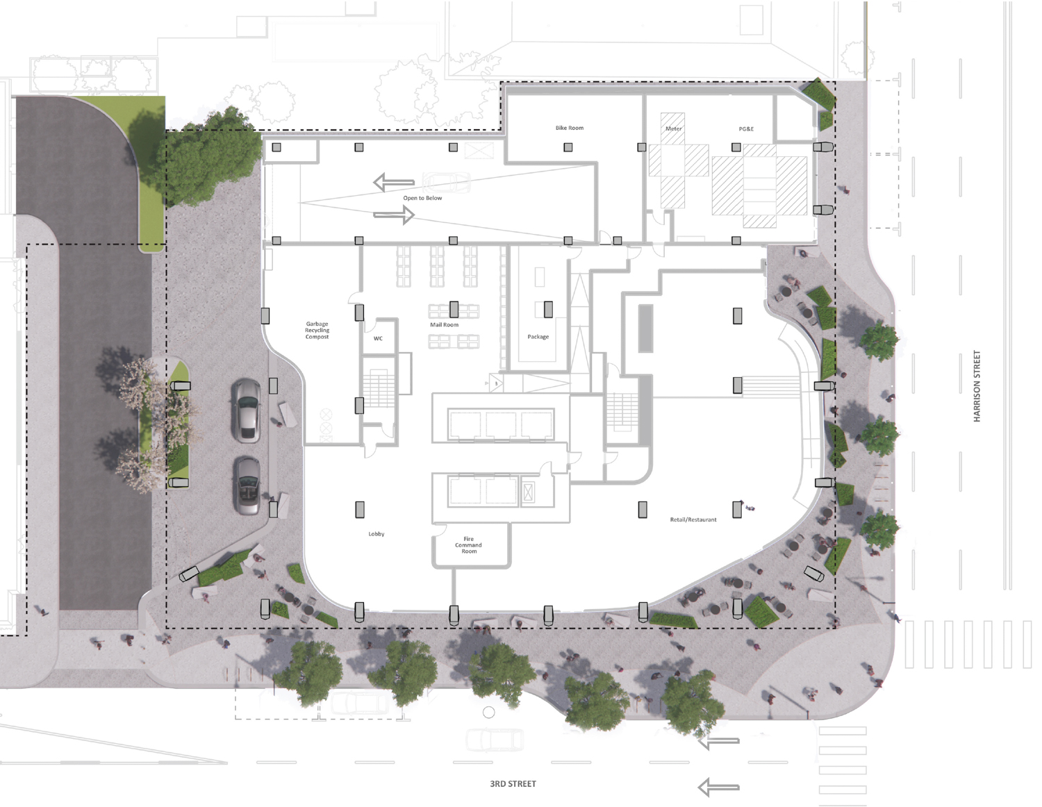 395 3rd Street ground-level floor plan, illustration by Henning Larsen