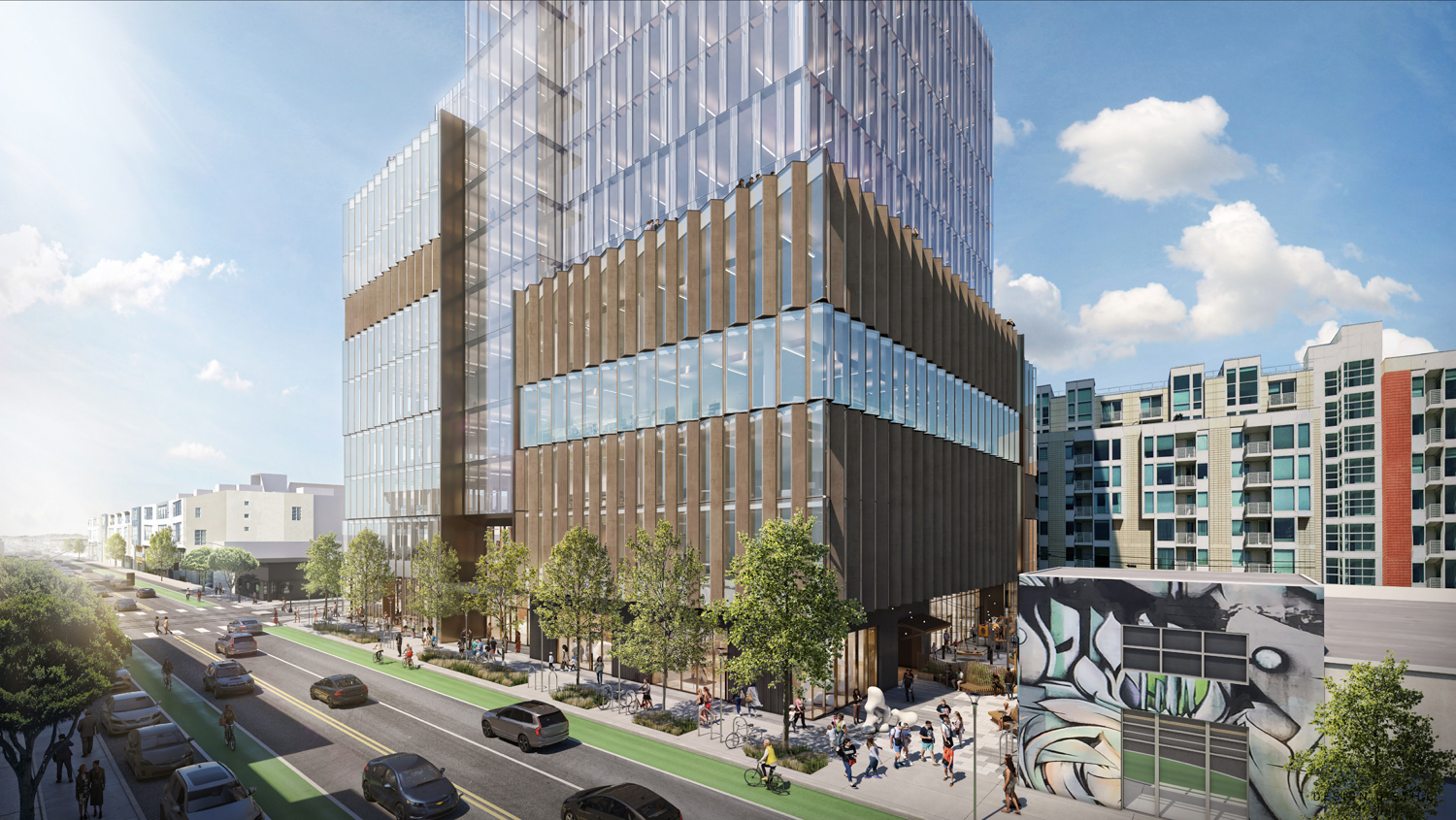 490 Brannan Street seen from across the street with a glimpse at the mid-block alley, rendering by Perkins&Will