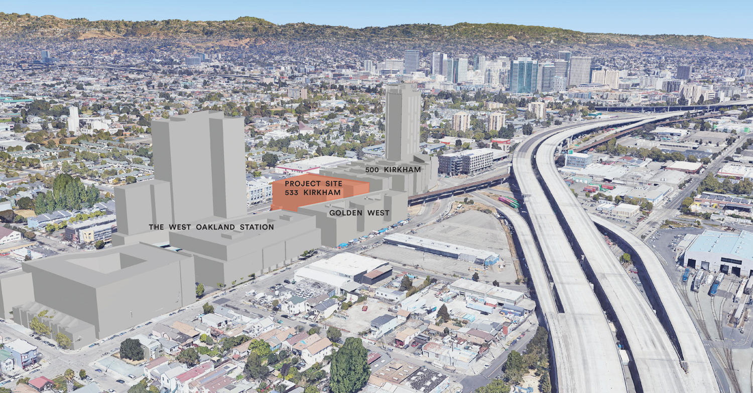 533 Kirkham Street aerial perspective within the West Oakland neighborhood with other proposal illustrationed with grey massings, rendering by Solomon Cordwell Buenz