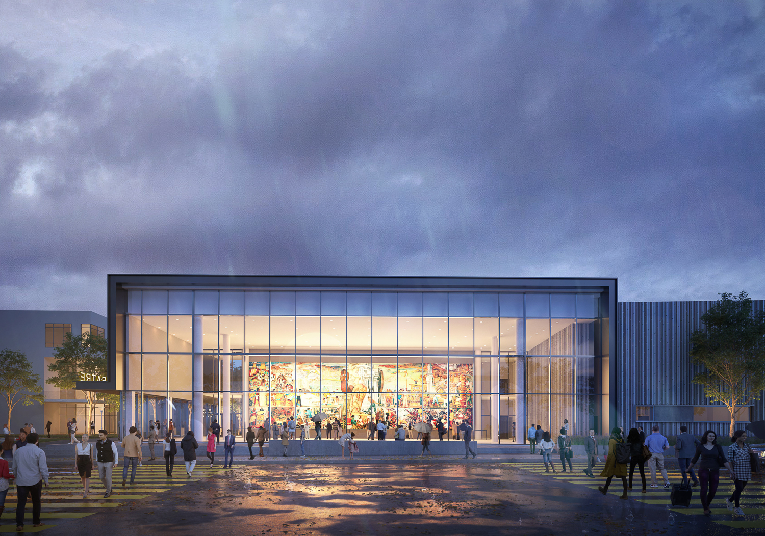 Diego Rivera Theater frontal view of the Pan American Unity Mural in the evening, rendering by LMN Architects