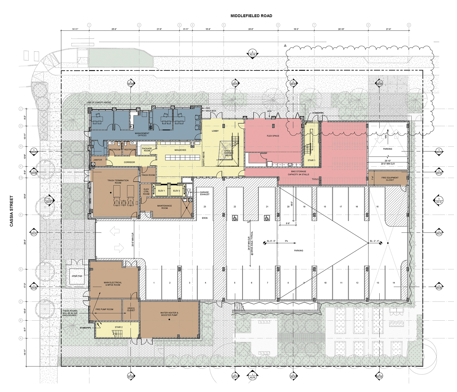 1304 Middlefield Road ground-level floor plan, illustration by Van Meter Williams Pollack