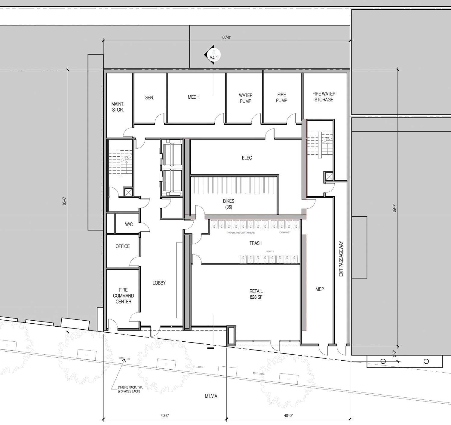2109 Milvia Street ground-level floor plan, illustration by Trachtenberg Architects