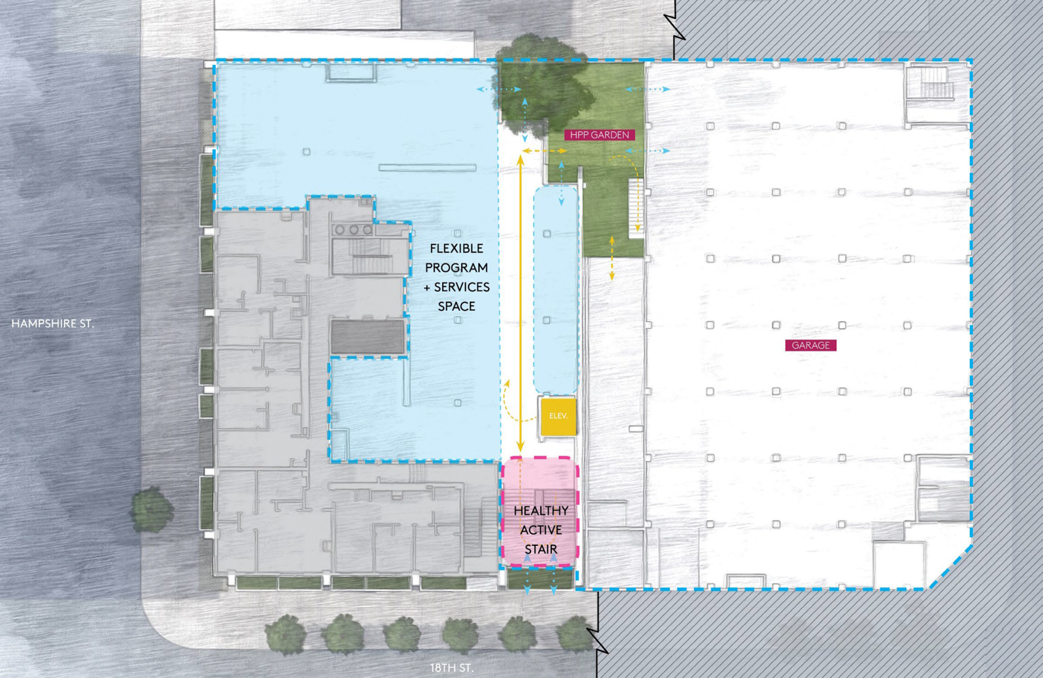 2530 18th Street ground-level floor plan, illustration by Mithun
