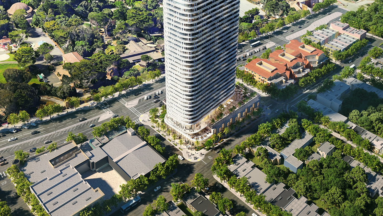 2700 Sloat Boulevard aerial podium overview, rendering by Solomon Cordwell Buenz
