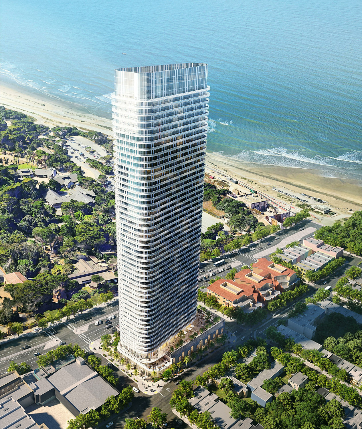 2700 Sloat Boulevard aerial view with the San Francisco Zoo and Ocean Beach in the background, rendering by Solomon Cordwell Buenz