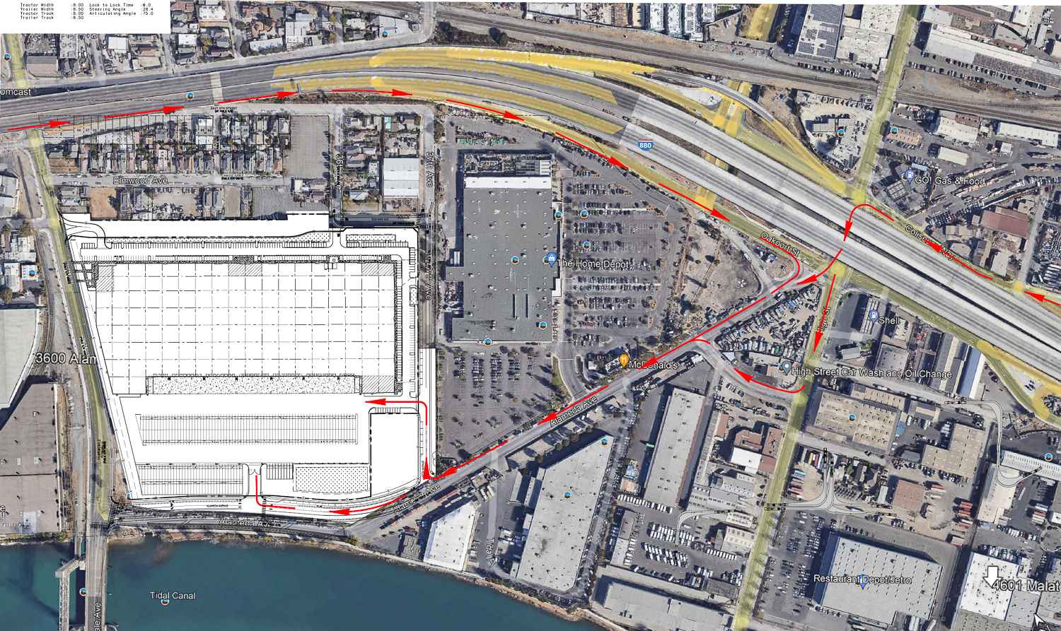3600 Alameda Avenue site map with traffic flow illustrated with red arrows, rendering by HPA