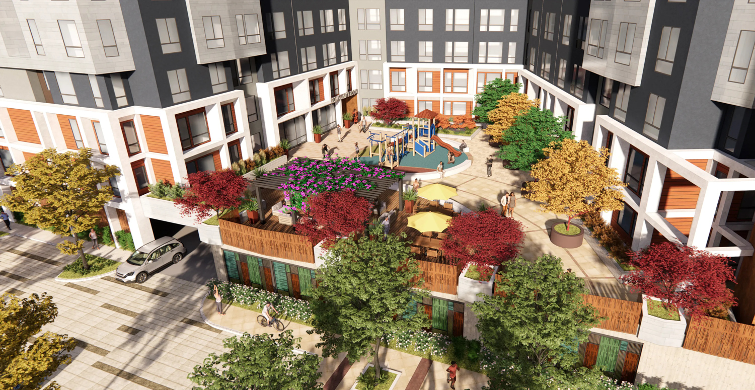 Berryessa affordable housing podium deck, design by Dahlin