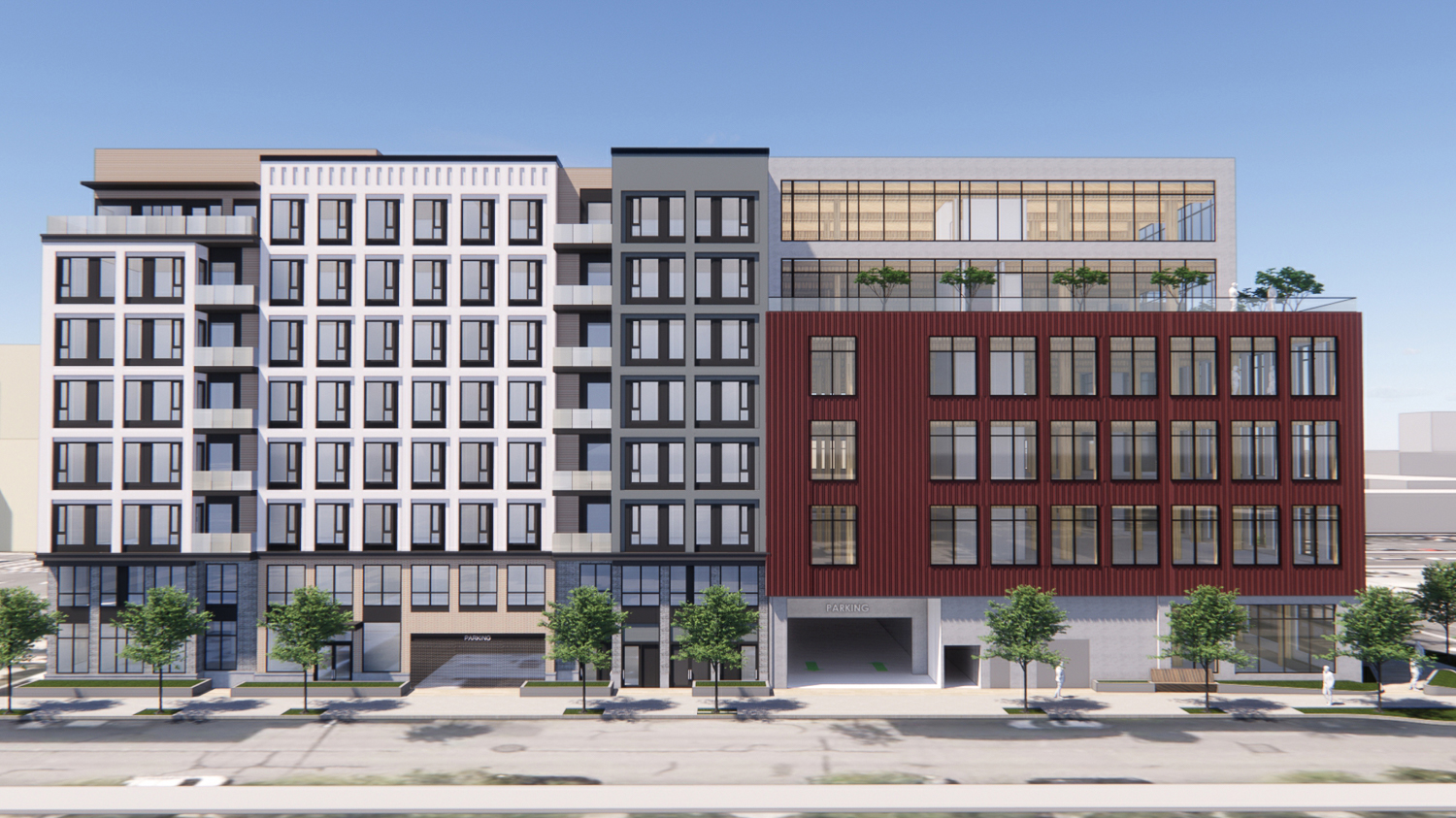 Post + Beam housing (left) and offices (right) along South Eldorado Street, rendering by RMW Architecture
