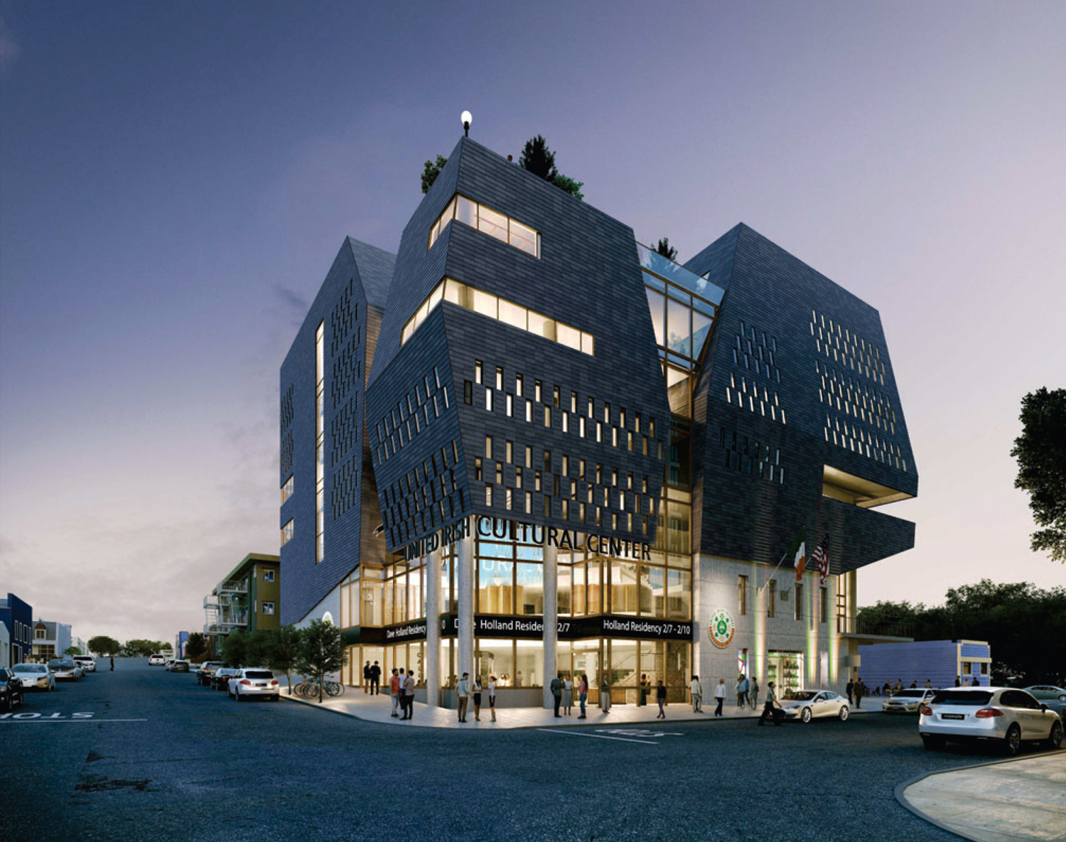 United Irish Cultural Center establishing view, rendering by Studio BANAA