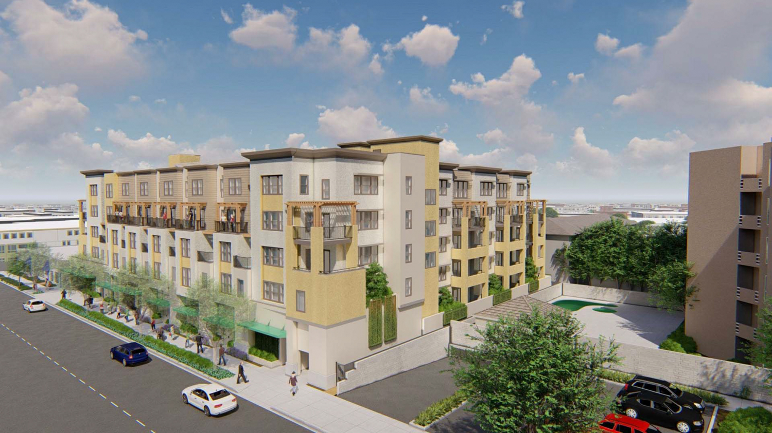 Village at Burlingame aerial view, rendering by Pacific West Architecture