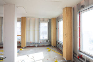 1510 Webster Street interior view showcasing the mass timber frame, image by Andrew Campbell Nelson