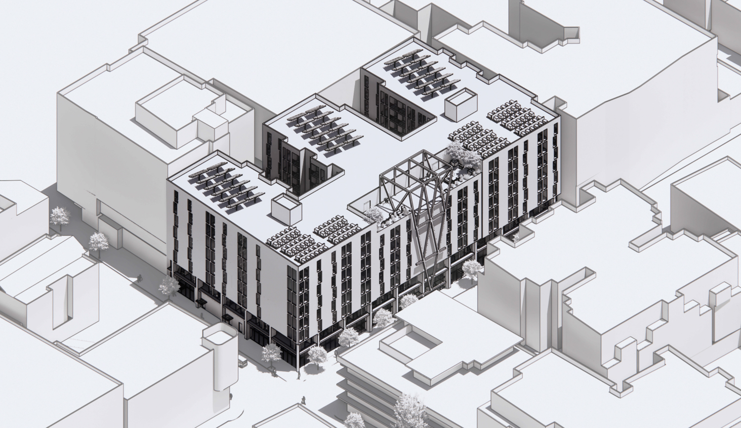 2100 Milvia Street aerial view, illustration by Kava Massih Architects