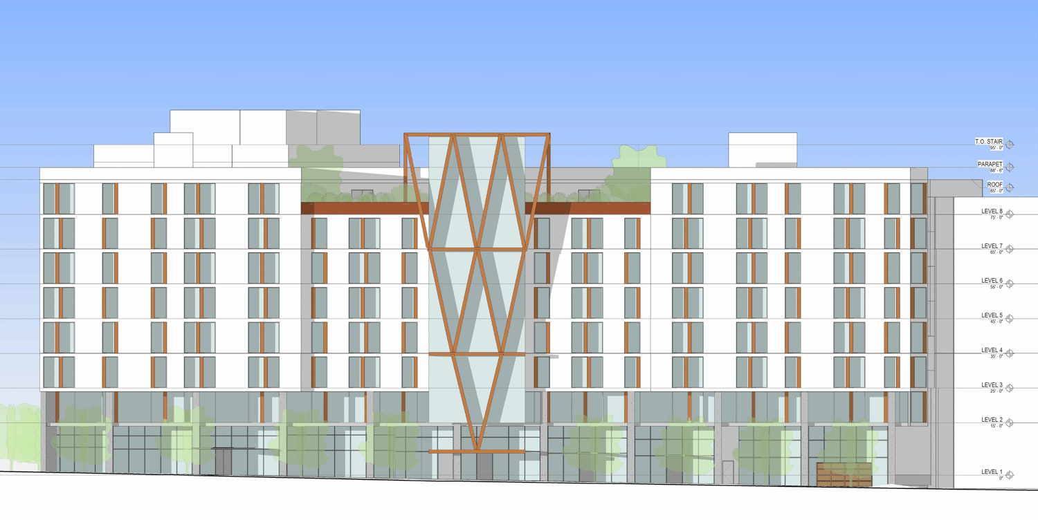 2100 Milvia Street facade elevation along Addison Street, illustration by Kava Massih Architects