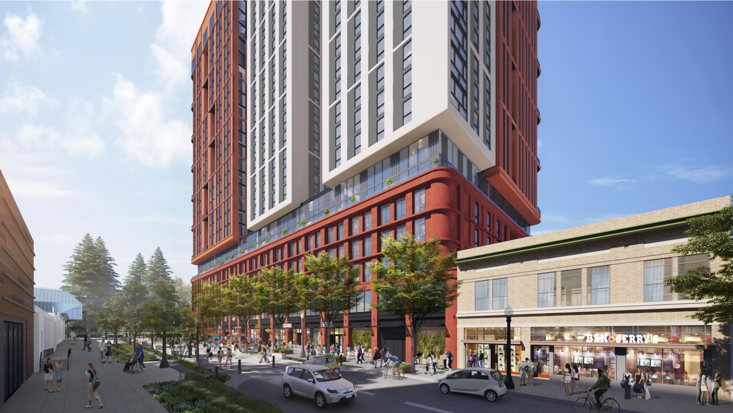2128 Oxford Street pedestrian view from along Center Street, rendering by DLR Group
