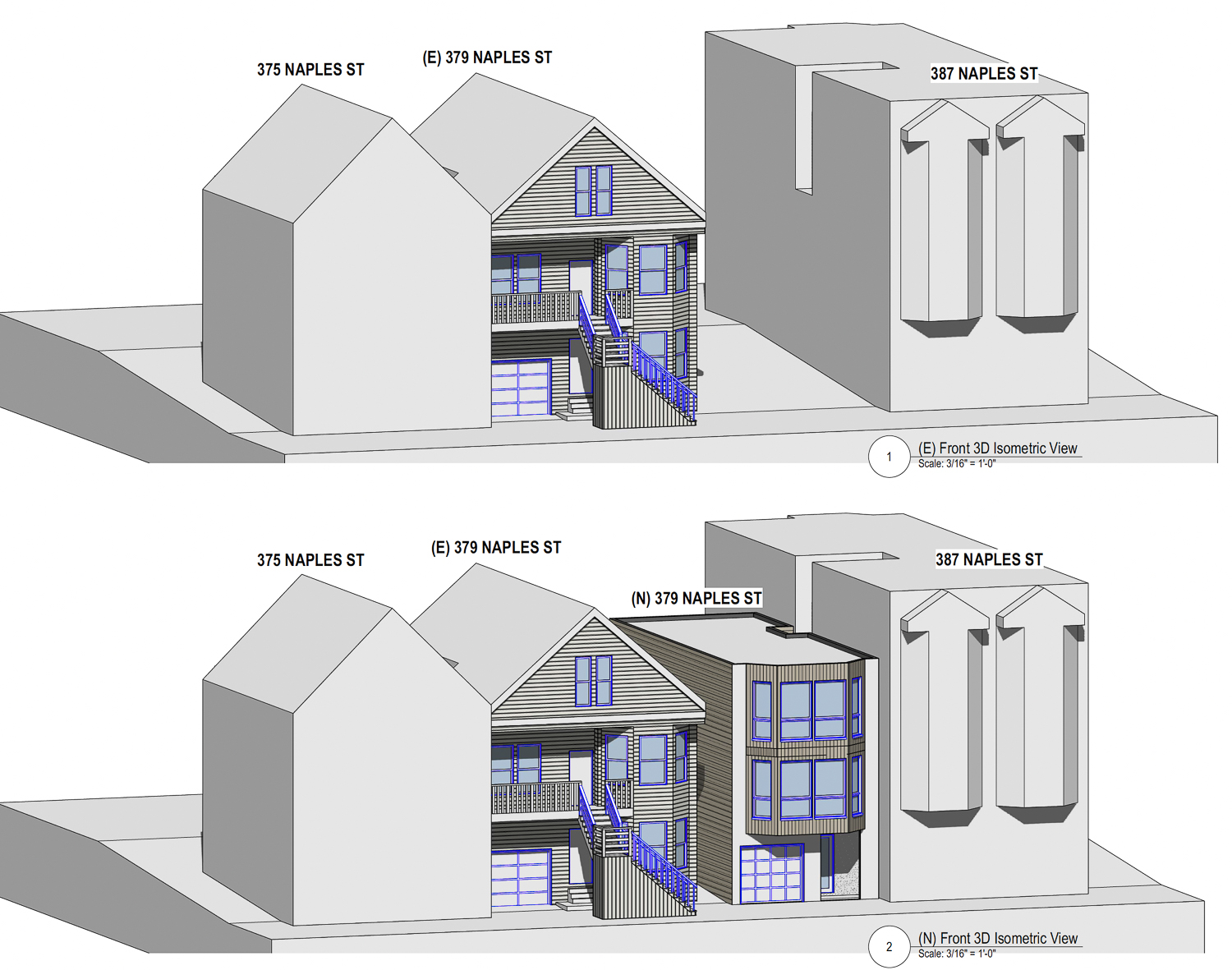 379 Naples Street existing condition (above) and proposed construction (below), illustration by SIA Consulting