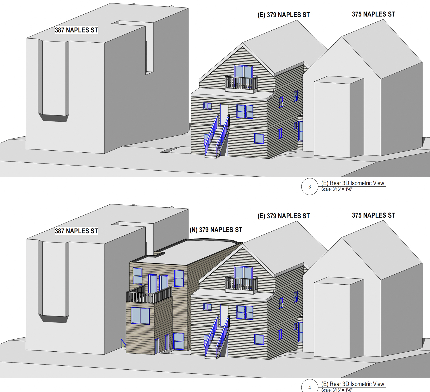 379 Naples Street rear view of the existing condition (above) and proposal (below), illustration by SIA Consulting