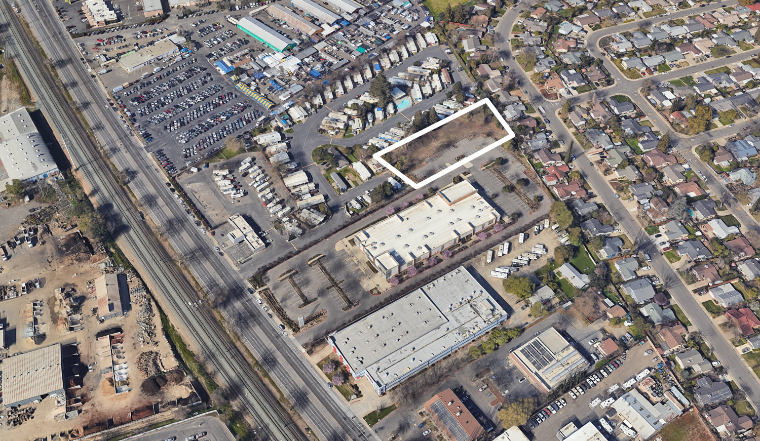 8581 Folsom Boulevard, image via Google Satellite with the apartment site outlined in white