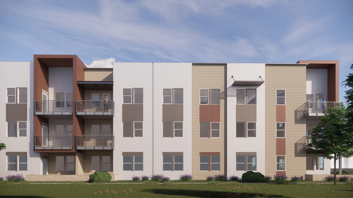 Bruceville Road Apartments at 7400 Shasta Avenue townhome elevation, rendering by LPAS Architecture + Design