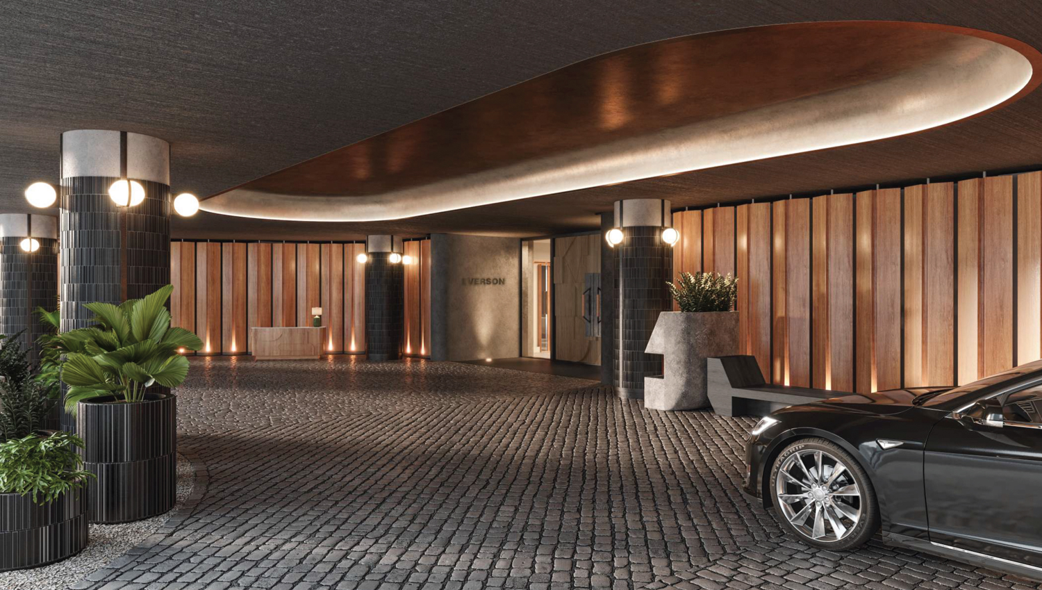 Jay Hotel vehicle porte-cochère and lobby, rendering by AvroKO