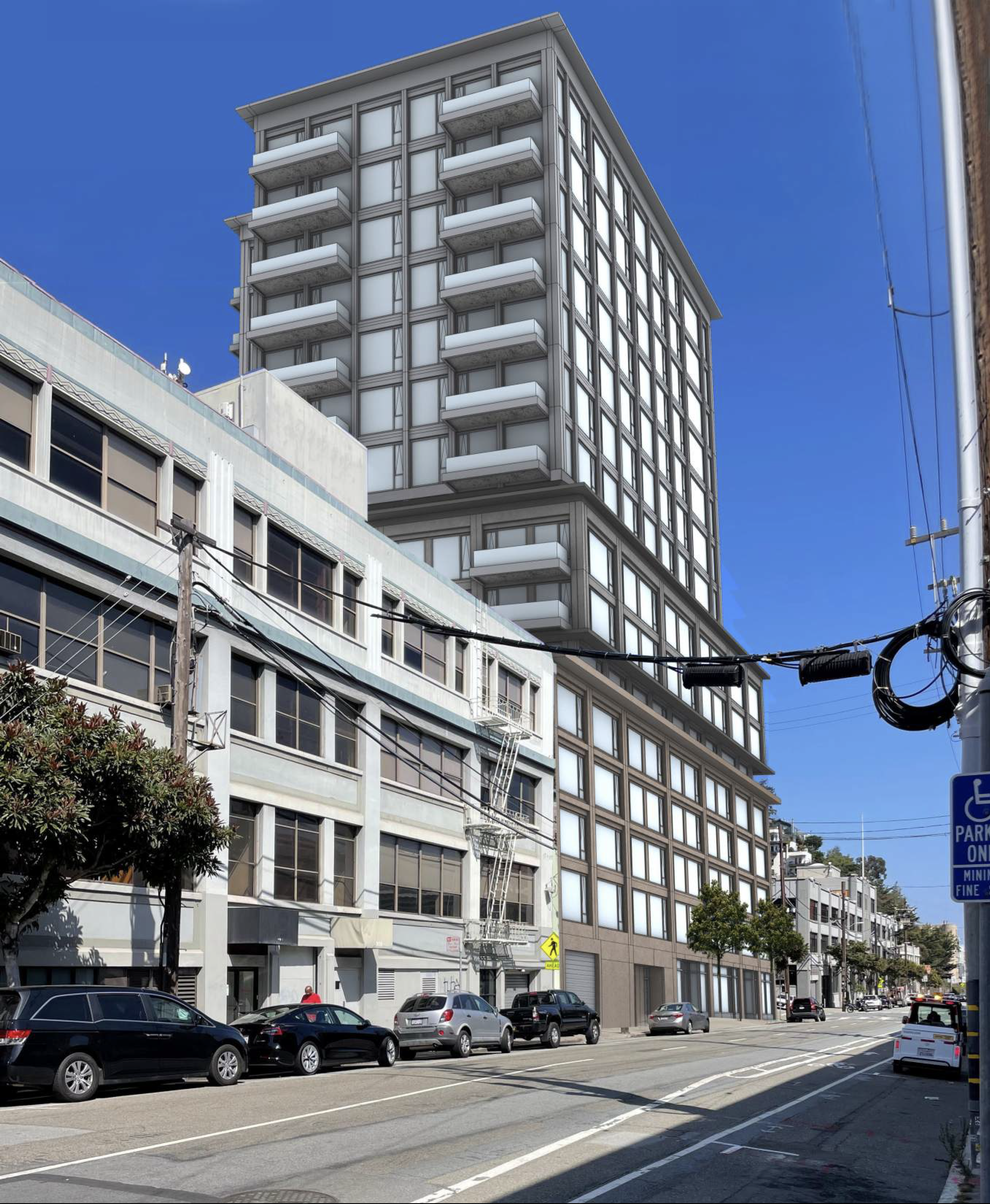 955 Sansome Street pedestrian view looking north, rendering by Handel Architects