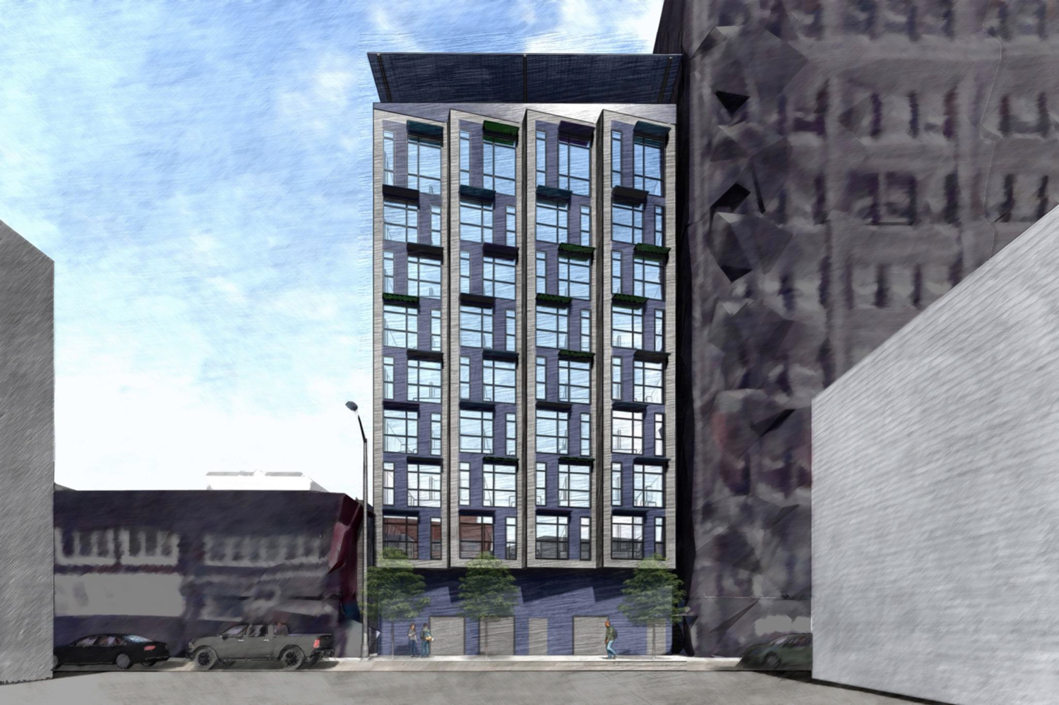 967 Mission Street elevation view along Minna Street, rendering by Leddy Maytum Stacy Architects and Y.A. Studio