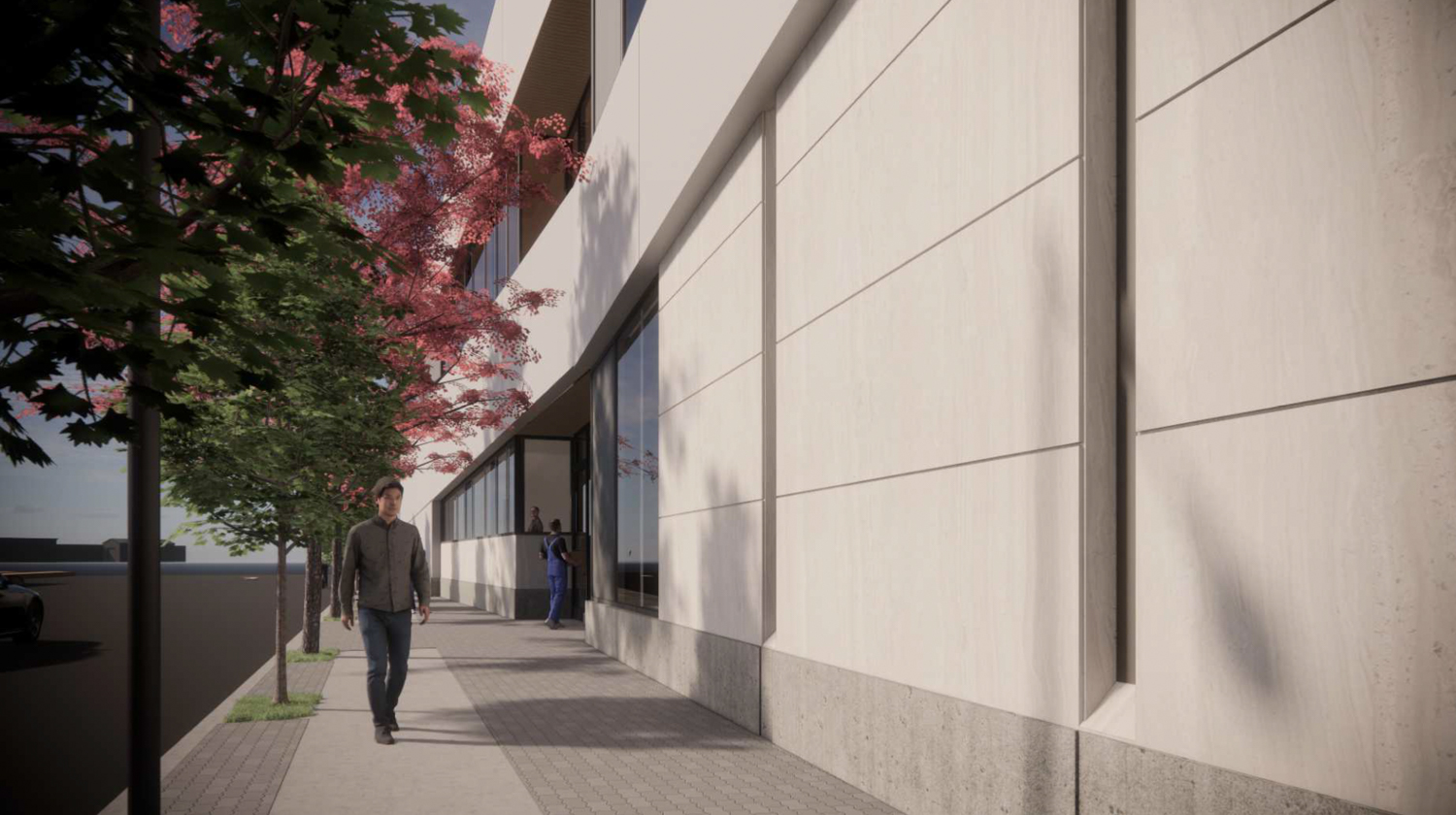 Carpenter’s Union Hall sidewalk view, rendering by Mithun and lightly edited by YIMBY