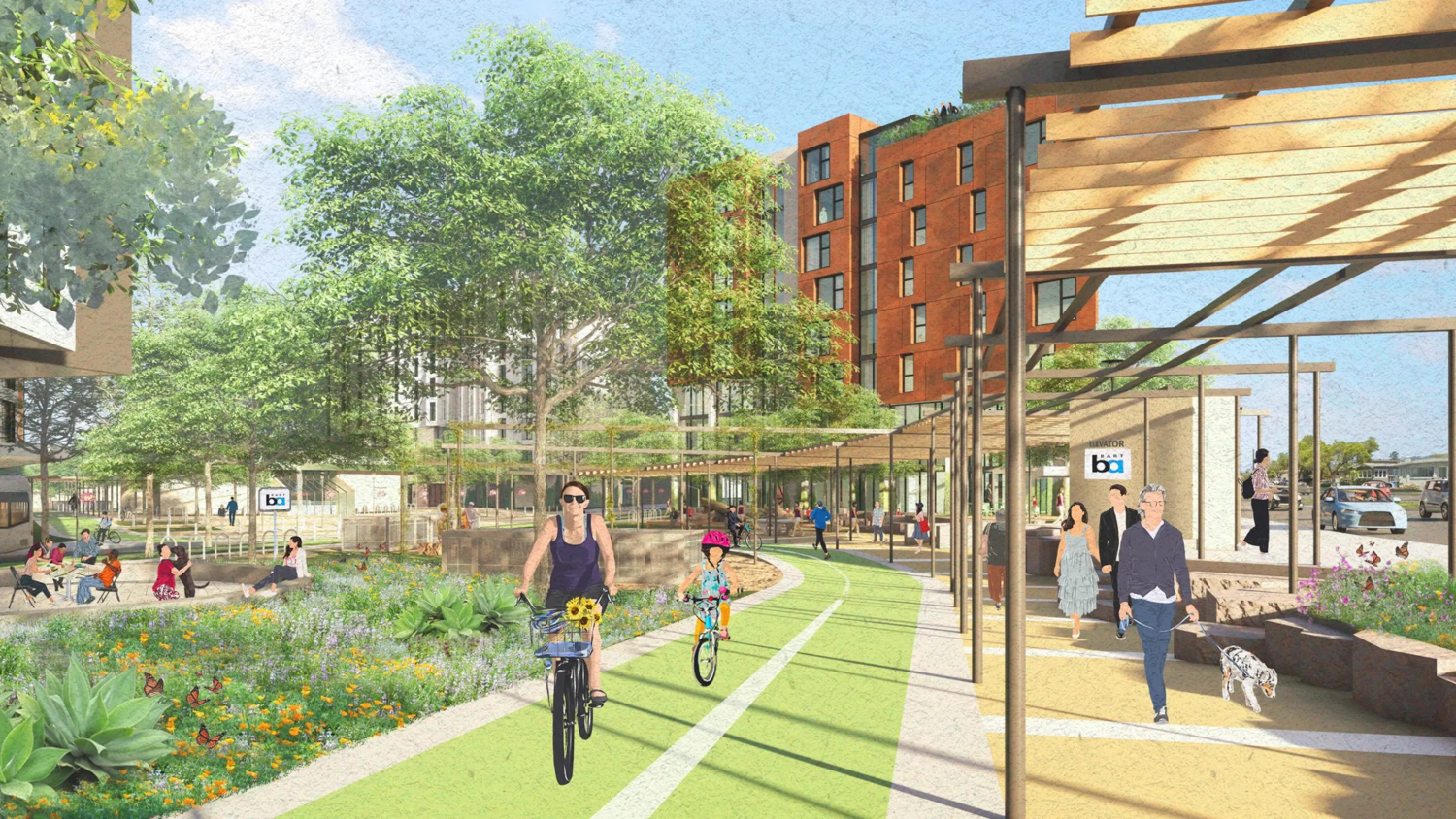 North Berkeley BART Redevelopment addition to the Ohlone Greenway colonnade, rendering by David Baker Architects