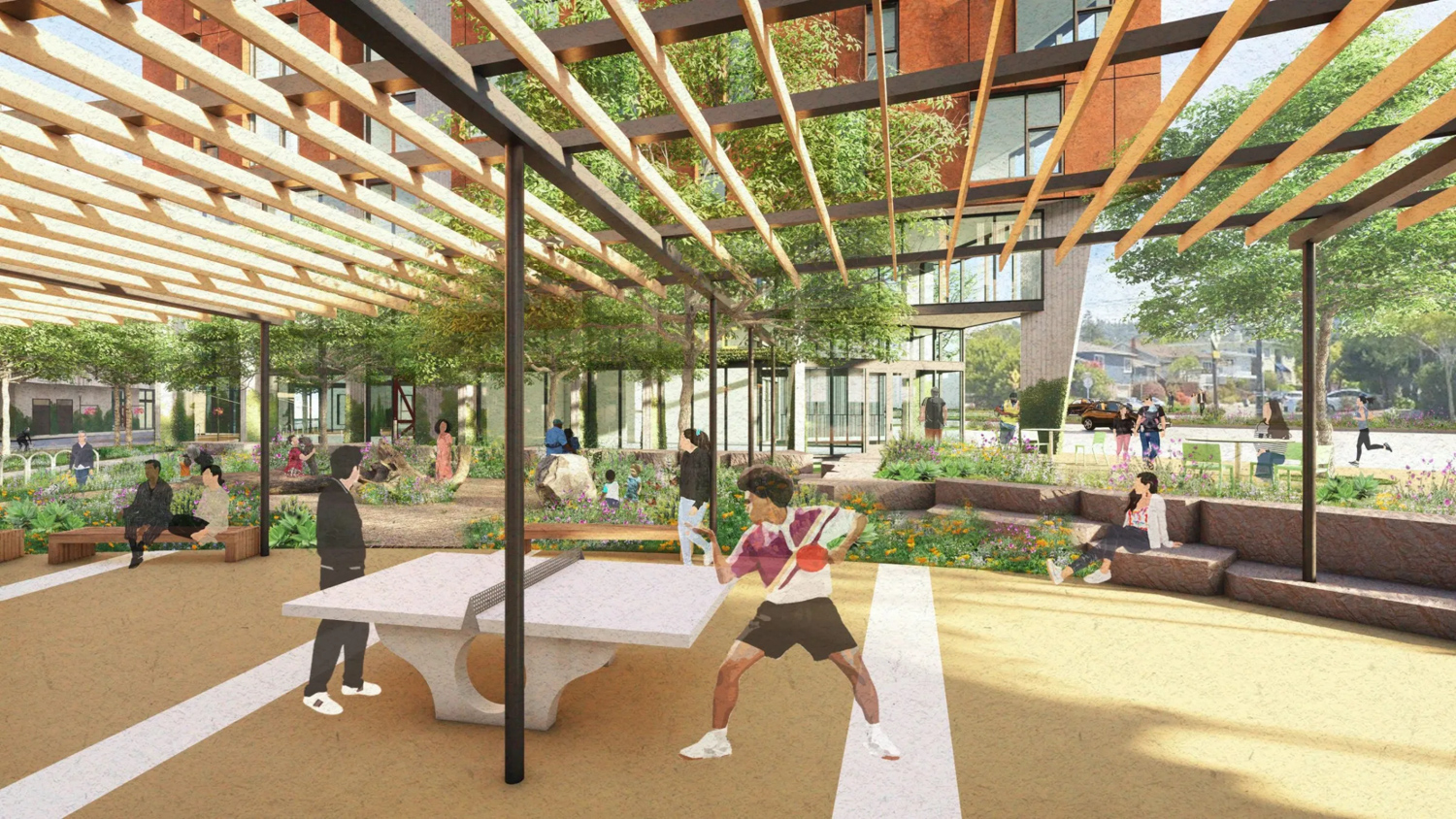 North Berkeley BART Redevelopment courtyard activity space, rendering by David Baker Architects