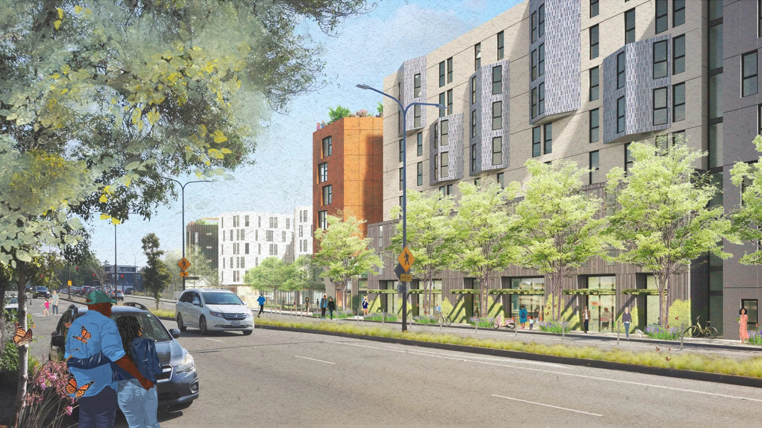 North Berkeley BART Redevelopment housing over Sacramento Street, rendering by David Baker Architects
