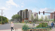 North Berkeley BART Redevelopment seen from Sacramento and Delaware, rendering by David Baker Architects